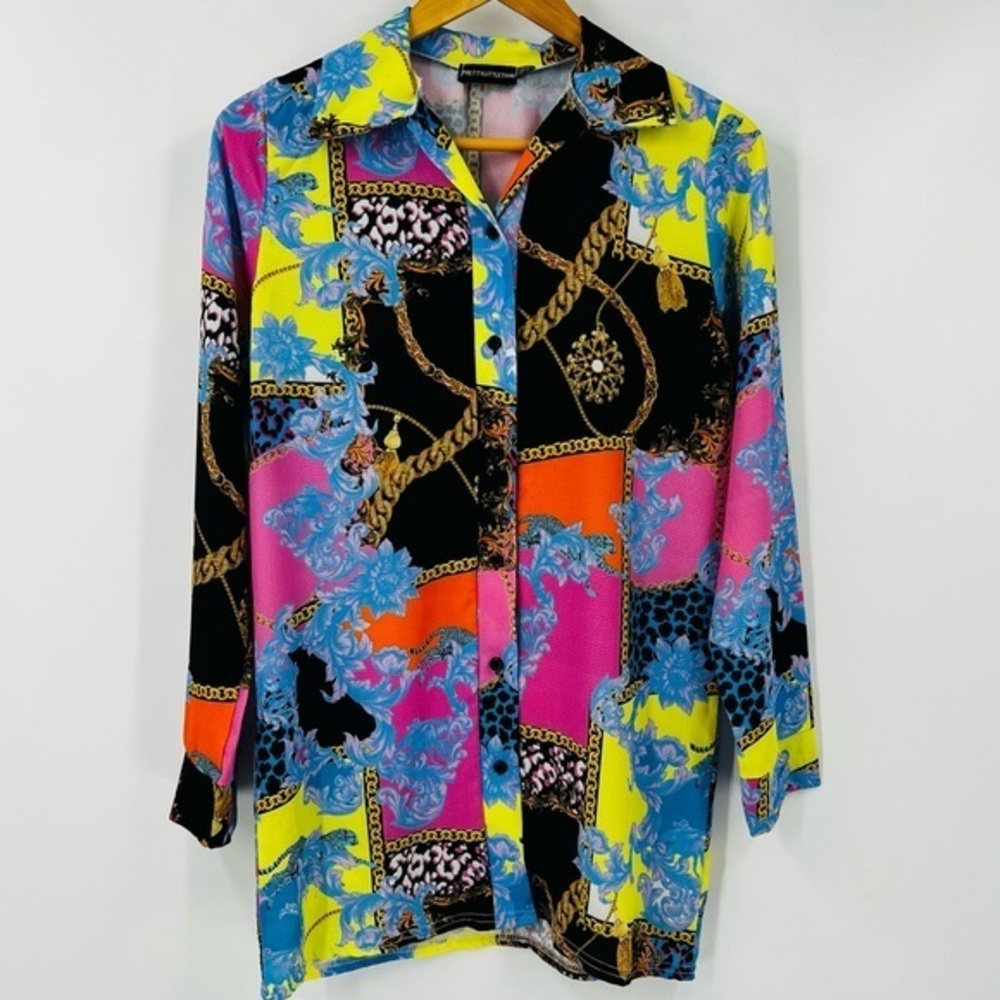 PrettyLittleThing Baroque Chain Print Button Down Shirt Multi Color Womens 4